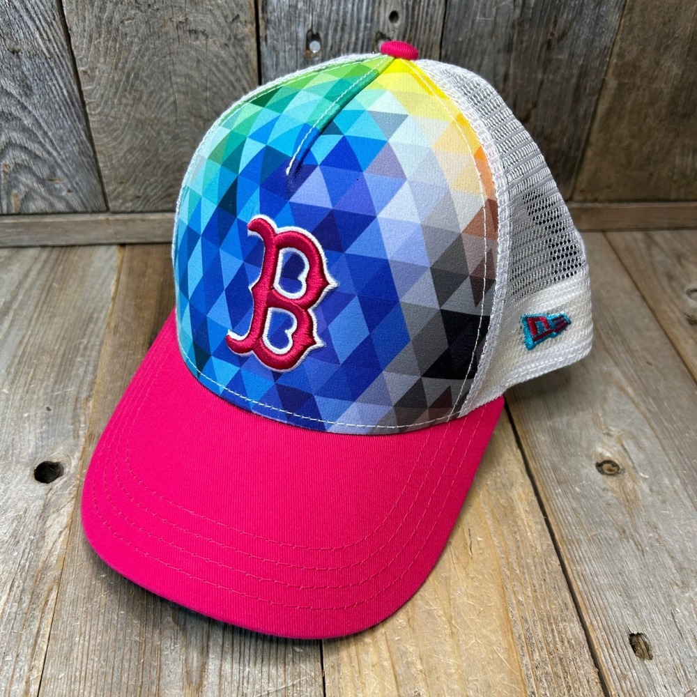 New Era 9FORTY Youth Boston Red Sox Rainbow Prism Trucker Hat Pink‎ MLB Cap